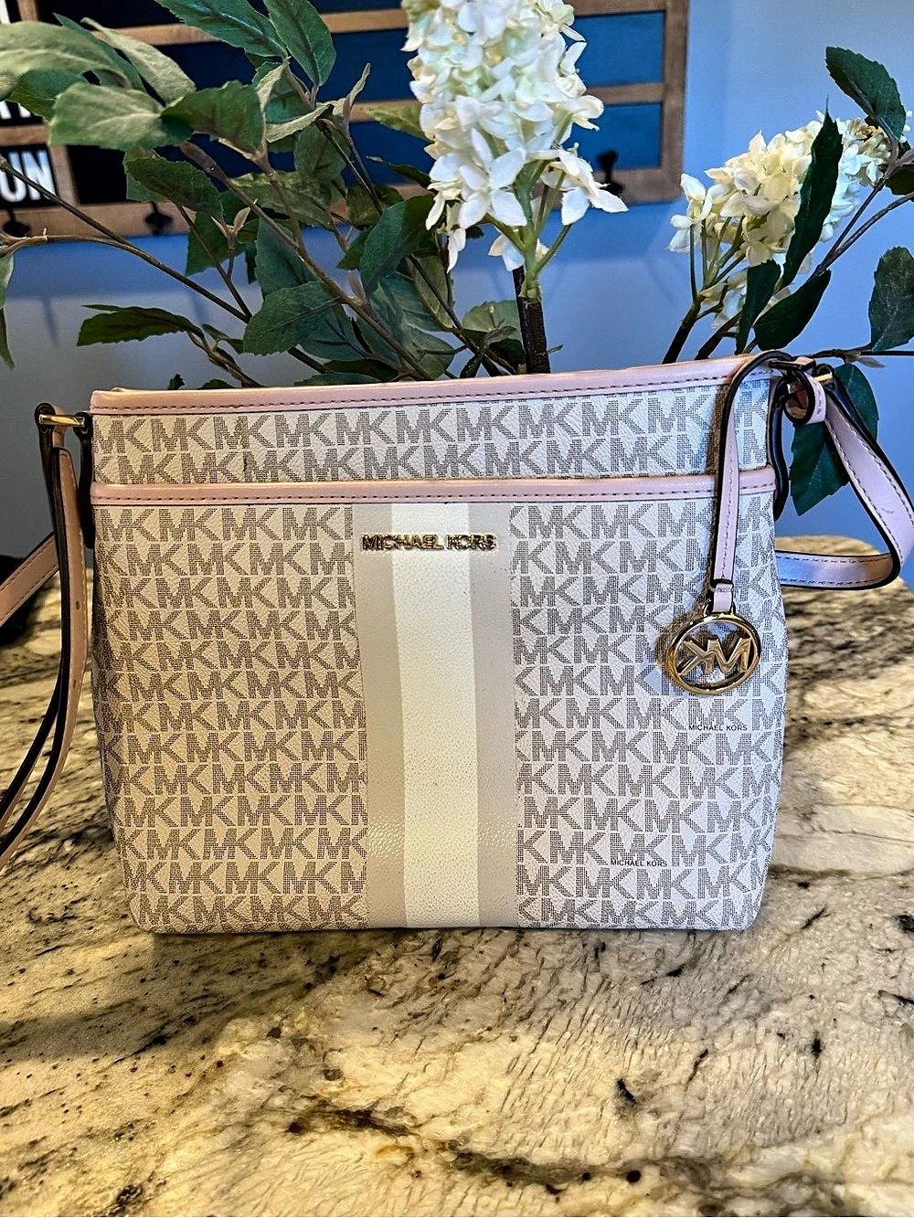 Michael Kors Bedford Small Logo Stripe Crossbody Bag Vanilla Blush Pink EUC